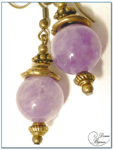 Boucle Oreille fantaisie Finition Bronze perles jade violet