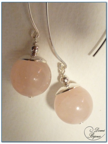 boucle d'oreille argent perles quartz rose 15mm fermoits longs