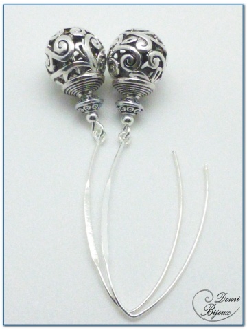 Boucle Oreille fantaisie argentée  perle filigrane 14mm fermoirs longs