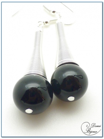 Boucle Oreille fantaisie argenté cône spirale perles onyx 14mm