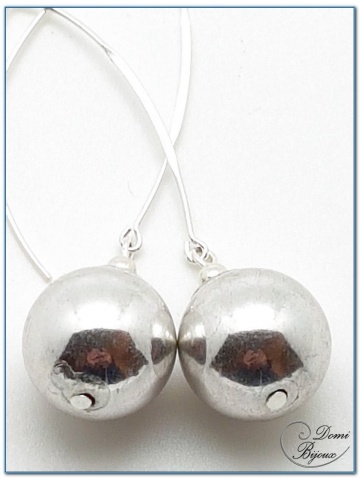Boucle Oreille fantaisie argentée  perles métal 18mm fermoirs longs
