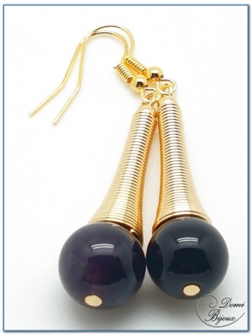 boucles d'oreilles fantaisie finition doré cône spirale perle onyx 12mm